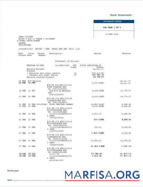 Realistic Philippines Bancnet bank statement word sample